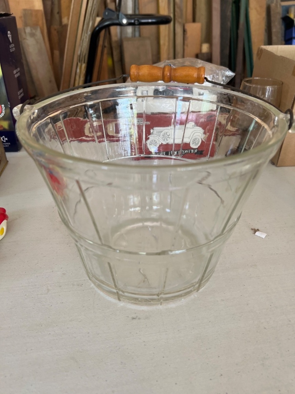 Vintage Anchor Hocking Tartan Barware Glass Ice Bucket w/Metal & Wood Handle